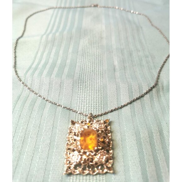 Vint. 80s Silver Tone Necklace Citrine Glass Pendant Accent Stones Some Missing - Picture 2 of 8